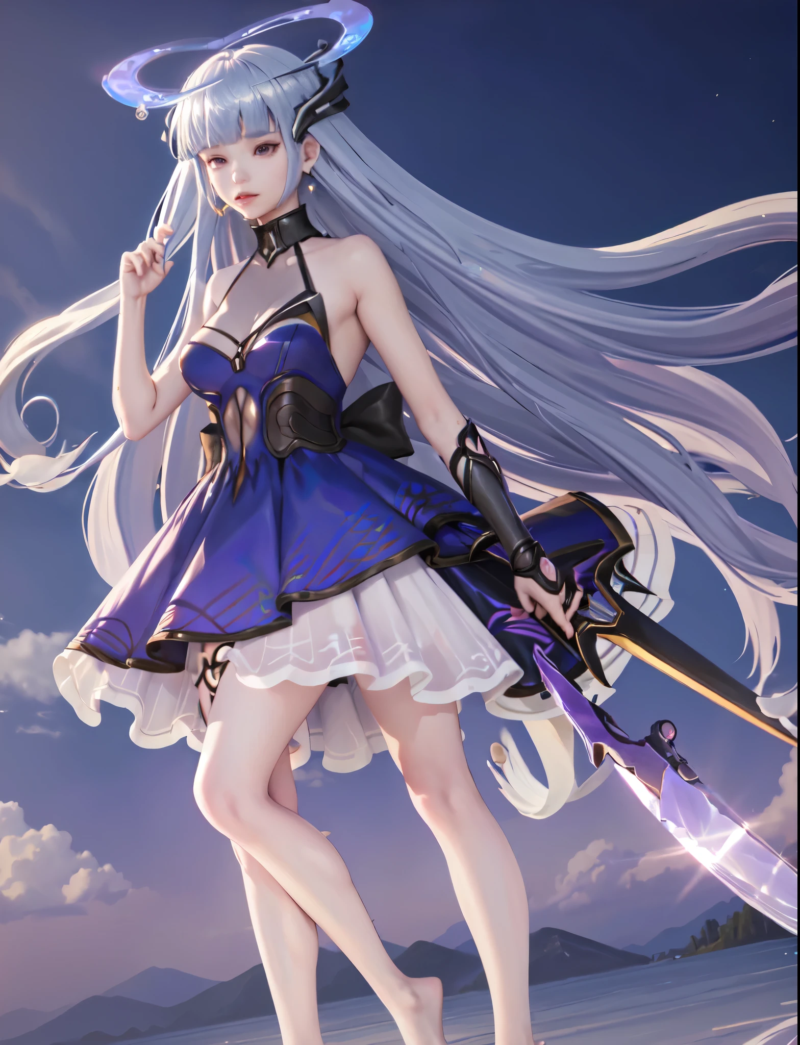 Sinestrea_Wave, ((big breasts)), 1girl, solo, long hair, dress, bare shoulders, jewelry, medium breasts, very long hair, blue hair, full body, weapon, earrings, barefoot, sleeveless, signature, blunt bangs, sleeveless dress, halo, polearm, purple dress, floating, reflection, toenails (masterpiece,best quality:1.5) nude remove clothes