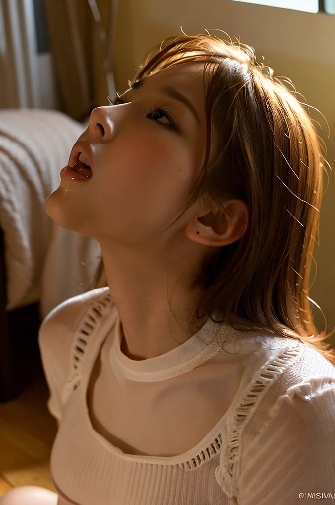 1girl,low tied hair,black hair,looking at viewer,best quality,indoors,open mouth,high quality,small breasts,hair ribbon，student,white shirt,panty,close up,cute,stocking ,(wet_clothing,:1.4)cum in mouth,close up,(cum_drip,)(pussy_juice,)(((evil smile,)))sweats,((highres, ))sitting,crying ,pleated skirt,tentacles sex,(cum in mouth,)closed eyes