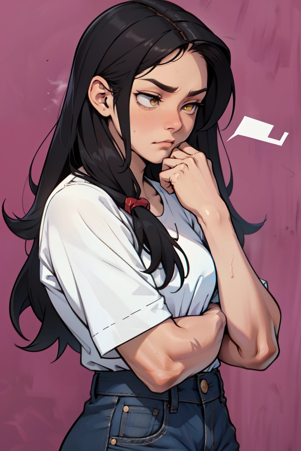 empty eyes embarrassed girl black hair yellow eyes pale skin muscular girl female woman lady feminine red nose