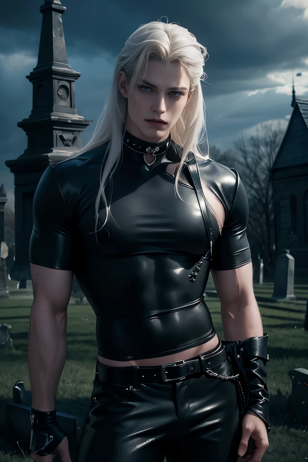 ((Best quality)), ((masterpiece)), (detailing), ((perfect face)), ((half of the body)) perfect proportions, he's a bad guy, 30 years old, he has disheveled gray long hair, blue eyes, cool, he's sexy, he has a lot of piercings, he is dressed in black leather, he has tattoos on his arms, he wears tight trousers and army boots, he wears accessories with spikes, he is against the background of a night city ((perfect face)) full height+, long straight platinum hair, tall, sporty, athletic, handsome.
