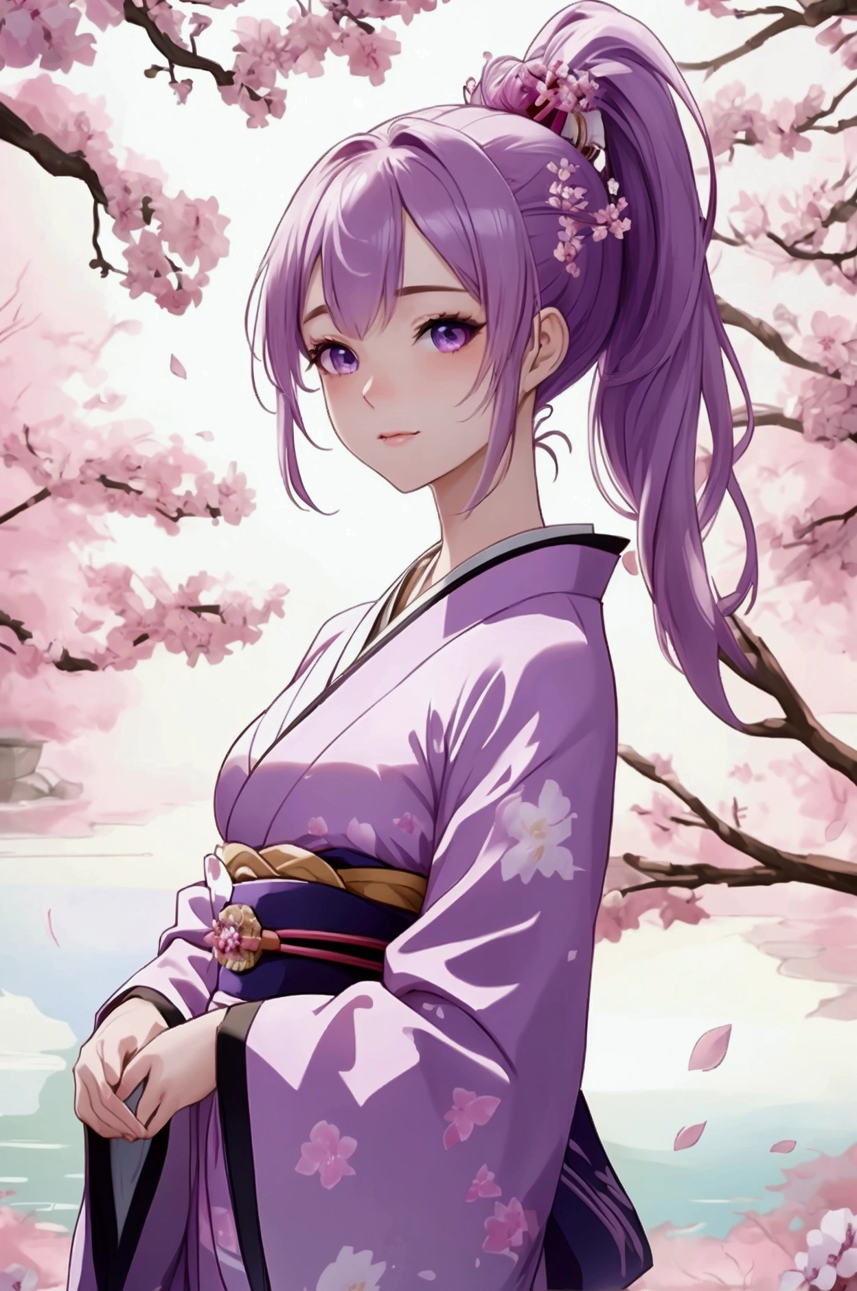 (best quality,8k,masterpiece:1.2),ultra-detailed,beautiful young woman in a light purple kimono,pale skin,ponytail,beautiful eyes,delicate features,scattered sakura petals,Japanese garden,soft sunlight,cute anime style