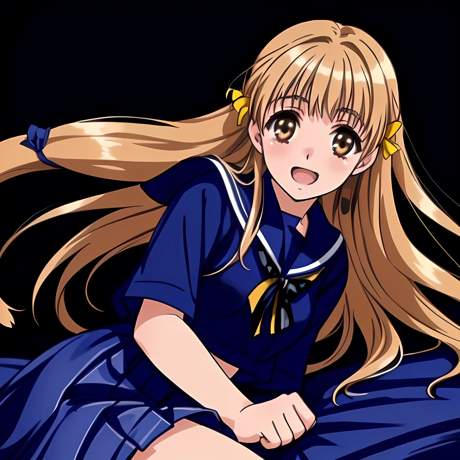 (highest quality, masterpiece: 1.6), (Beautiful noble 20yo beautiful lying anime noble heroine's portrait, Solo beautiful giggling noble elegant 20yo neat anime heroine wares blue sailor-styled uniform is lying on a magical sexy bed and inviting me into deep harem of siren and succubi, Noble Elegant, navy sailor uniform: 1.5), (Anime-heroine's girly noble laughing giggling brown eyes: 1.6), (Realistic Charming neat navy-colored very-neat well-pleated long checkered school skirt: 1.5), (black background: 1.7), (Eyes, face and hair, and skirt is especially cutely detailed and carefully drawn), (Girl whom everyone loves because of her beauty and lovely fashion and noble manner and mind of succubus and magic-charm of succubus: 1.0), (Very beautiful, wavy, cutely super-super-long straight gorgeous rich black hair like hair model, with elegant big yellow hair ribbons: 1.3), (Drives me crazy for their neat skirts and Make me fall into their skirts: 1.5), 