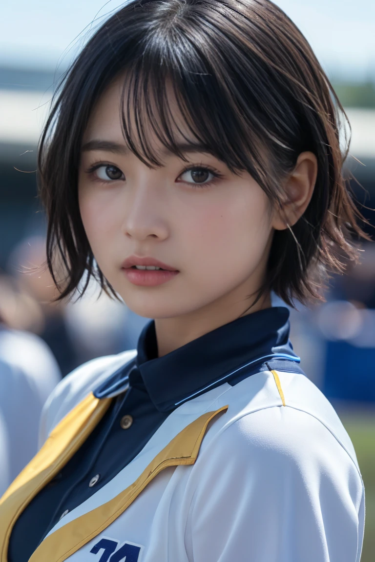 , long windblown [blue-black:.3] hair,looking at viewer, (masterpiece:1.3), (8k, photorealistic, RAW photo, best quality: 1.4), japanese, (1girl), beautiful face, (realistic face), (black hair, short hair:1.3), beautiful hairstyle, realistic eyes, beautiful detailed eyes, (realistic skin), beautiful skin, attractive, ultra high res, ultra realistic, highly detailed, golden ratio,Hockey Team - protective hockey gear and jerseys.