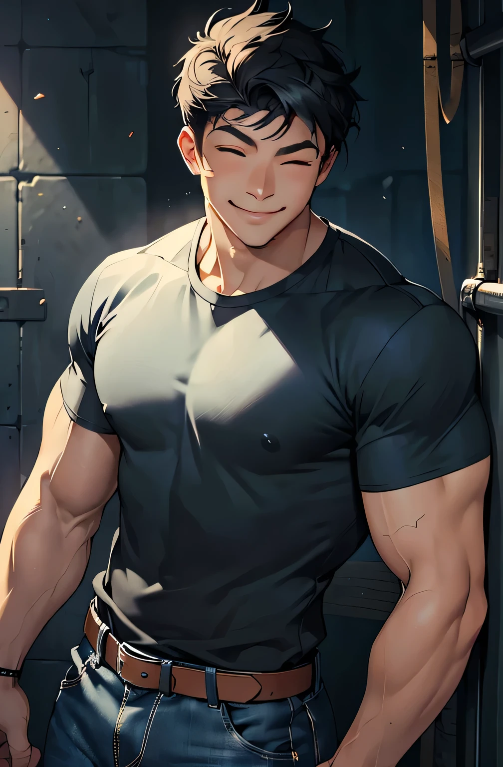 A close up of a man in a black shirt and jeans - SeaArt AI