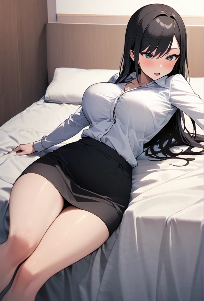 Love Hotel Scenario, an Italian girl with very long black hair, Large Breasts, thin, girl, the girl is wearing a blouse and a miniskirt with lapels、Drunk、Lying seductively in bed、Cheating、太ったおじさんにベッドの上で抱かれる、カジュアルOffice lady、