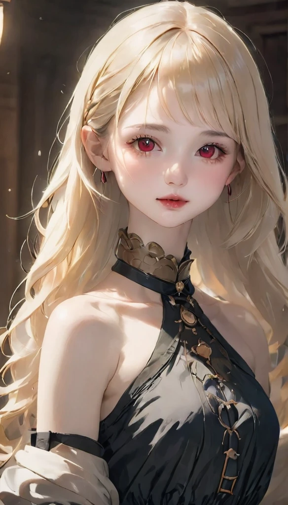 One Girl:1.5、Cute baby face、１４Year、Perfect Anatomy、Red eyeshadow、Red lipstick、Slightly pink cheeks、White skin、Ash Blonde、Black Dress、eight-headed body、small 、Unique Hairstyles、choker、highest quality、Ultra-detailed、High quality details、Portrait、Masseter muscle area