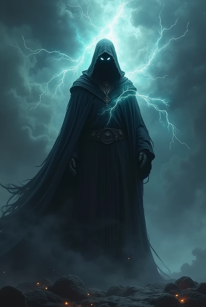 (A digital art image:1.3) of A male ghost wizard in a dark dungeon attacks the viewer. It is a cinematic action shot with extreme dynamic movement. Torn robes are flying in the wind. The creature has an aggressive facial expression.
