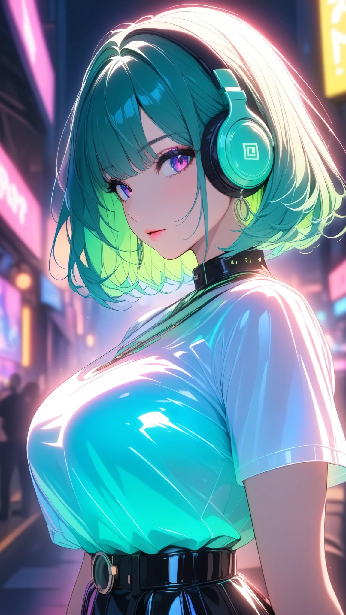 (masterpiece,{{bestquality}}), 1 girl, beautiful big breasts, emerald hair, square, Short hair, headphones , piercing, scarlet eyes  