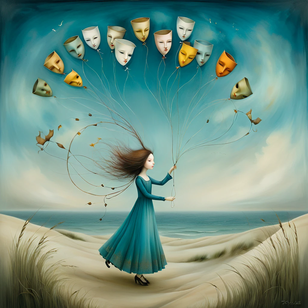 oil and acrylic painting. In the style of Gabriel Pacheco, ((nicoletta ceccoli)) nicoletta ceccoli, Tracy Grimwood. A young woman energetically holds a thread to which are attached several theatrical masks floating in the sky and tries to prevent the wind from ripping the thread from her hands . The background is a dune with grass a from which the sea and high cliffs can be seen, cUse theatrical masks to enrich the meaning of the image, which should convey the woman's effort to prevent the wind from tearing the thread from her hands. dreamlike and surreal atmosphere. Colors ochre, amber, teal, browns, octane blue, skillfully dosed
