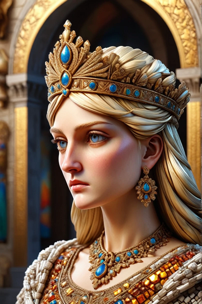 intricate byzantine mosaic portrait of Irene of Athens, middle-aged blonde byzantine queen, crowned, wearing earrings and jewelry, detailed byzantine aesthetic, (best quality,4k,8k,highres,masterpiece:1.2),ultra-detailed,(realistic,photorealistic,photo-realistic:1.37),HDR,UHD,studio lighting,ultra-fine painting,sharp focus,physically-based rendering,extreme detail description,professional,vivid colors,bokeh,digital art,classical art,ornate,intricate,elegant,regal,majestic,ornate byzantine architecture in background