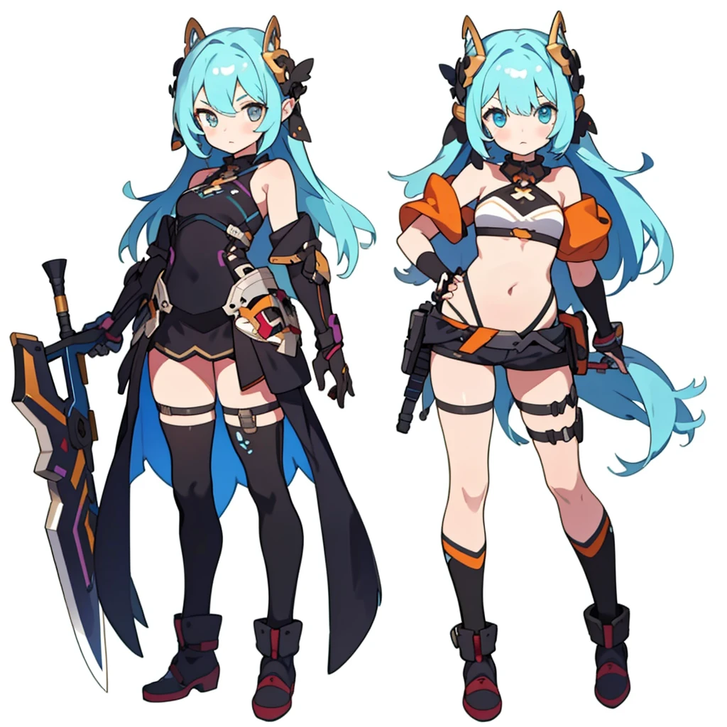 (((Best Quality))) , ((full body)), female, 2girls, multiple views, (white background), chibi, holding weapon, random color theme, high fantasy,
