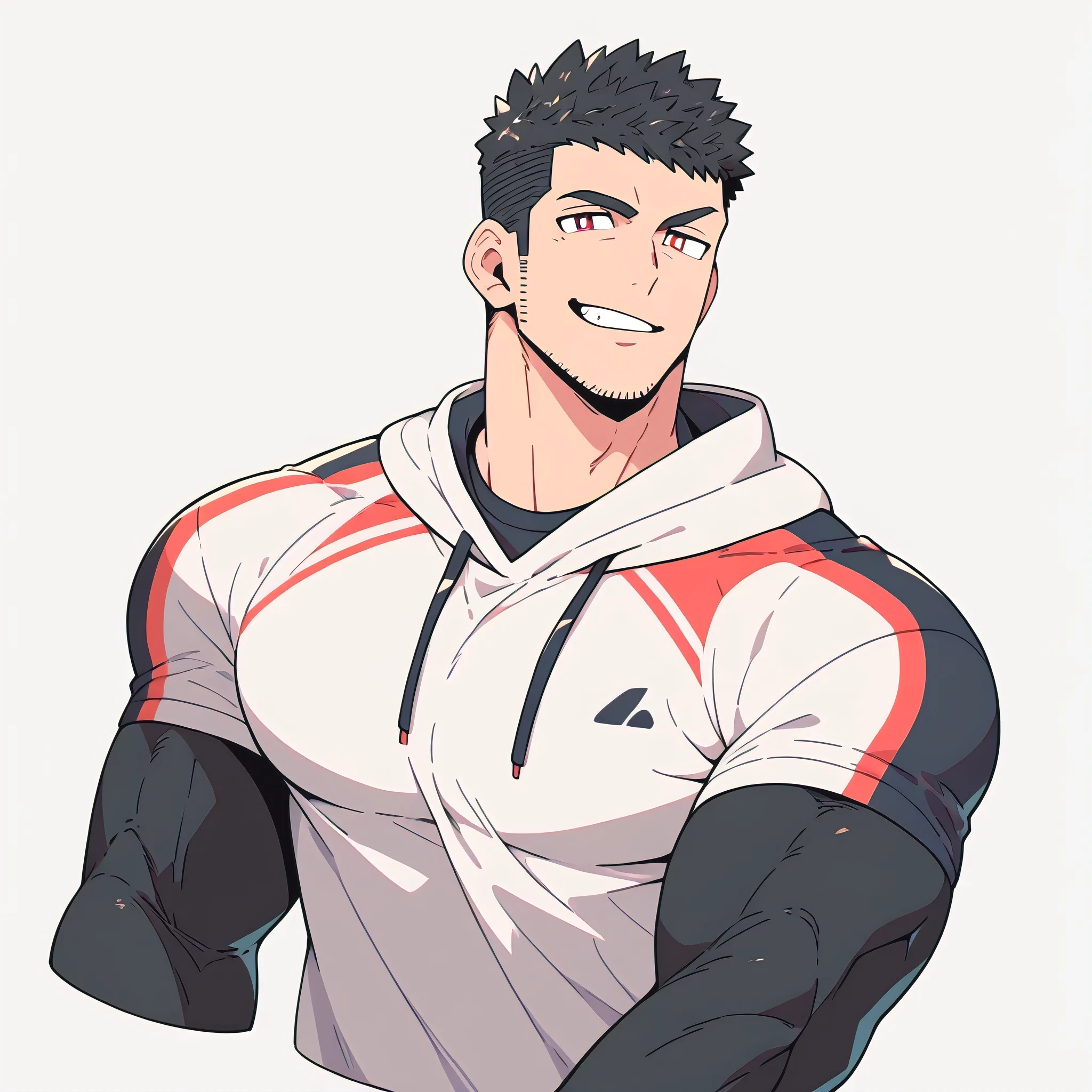 anime characters:Priapus, Black Black Skin Muscle Sports Student, Manliness, male focus, Red Sports tight hooded sweatshirt, Wear a high-necked tights underneath, Very tight, Huge pectoral muscles, muscular male, muscular, Perfect muscular waist, only, Upper body, alone, Red short hair, Thick eyebrows, stubble, Brown-red pupils, White background, Solid color background, Clean background, simple background, amazing quality, best aesthetics, Ridiculous, crew cut, smirk, bright pupils, grin, negative space, negative space, best quality