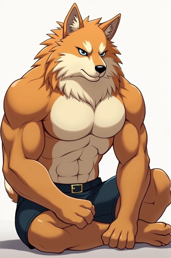 (masterpiece, 4K, ultra detailed), bear furry, masculine, bright red fur, beige belly fur, athletic, slim, big pecs, short messy haircut, shirtless, illustration, simple colors, white background, cute, smile, handsome, single, side view, anime, age, naked, penis, blue eyes