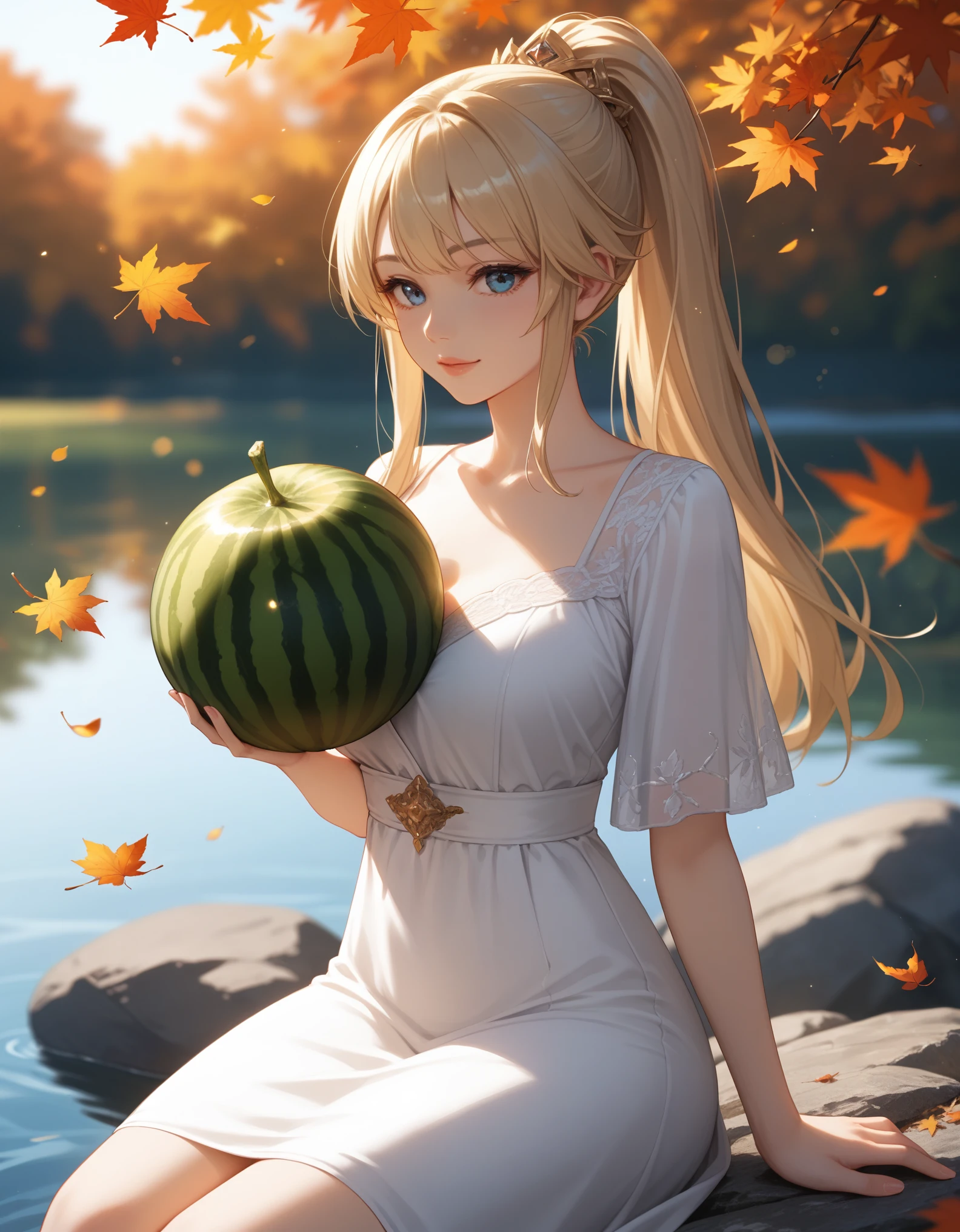 score_9, score_8_up, score_7_up, 1girl, solo, close-up portrait, gentle woman, ponytail, blonde hair, autumn leaves, beautiful eyes, flowing velvet dress with silver embroidery, (holding a big melon slice), (sitting on a rock), autumn lake, golden sunlight, soft bokeh.
