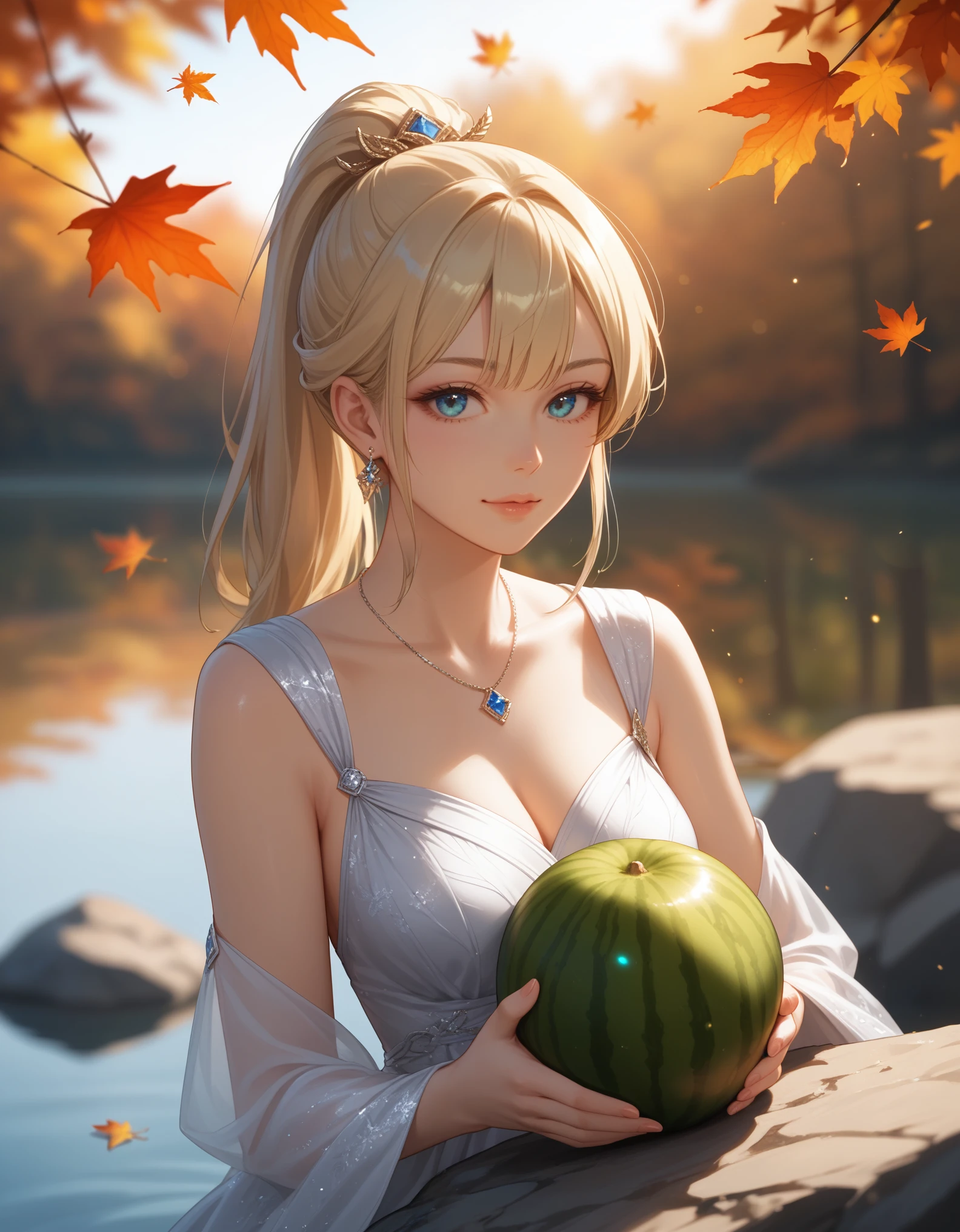 score_9, score_8_up, score_7_up, 1girl, solo, close-up portrait, gentle woman, ponytail, blonde hair, autumn leaves, beautiful eyes, flowing velvet dress with silver embroidery, (holding a big melon slice), (sitting on a rock), autumn lake, golden sunlight, soft bokeh.