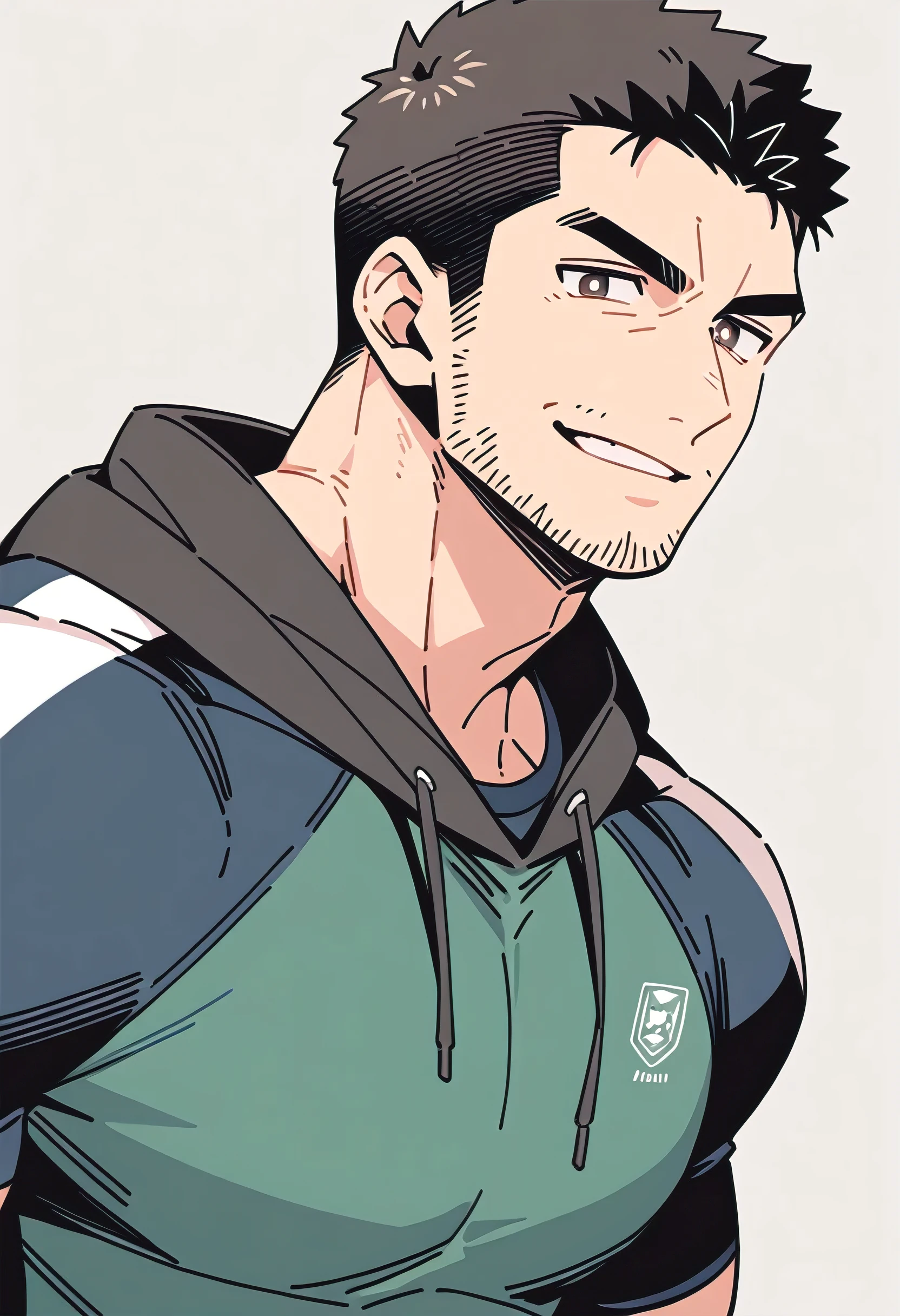 anime characters：Chris Redfield, Muscle Sports Student, Buzz Cut, Manliness, male focus, Sports tight hooded sweatshirt, Wear a black high-necked tights inside, Very tight, Huge chest muscles, muscular male, muscular, only, Upper body, alone, Red short hair, Thick eyebrows, stubble, Brown-red pupils, White background, simple background, amazing quality, best aesthetics, Ridiculous, crew cut, parted lips, smirk, bright pupils, negative space, best quality
