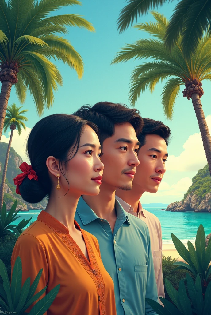 I want a cover for my book where it appears, a beach with a very luxurious hotel, Three men of different ages who are Asian and a young brunette woman with brown hair and gray eyes and who is dressed in a red dress