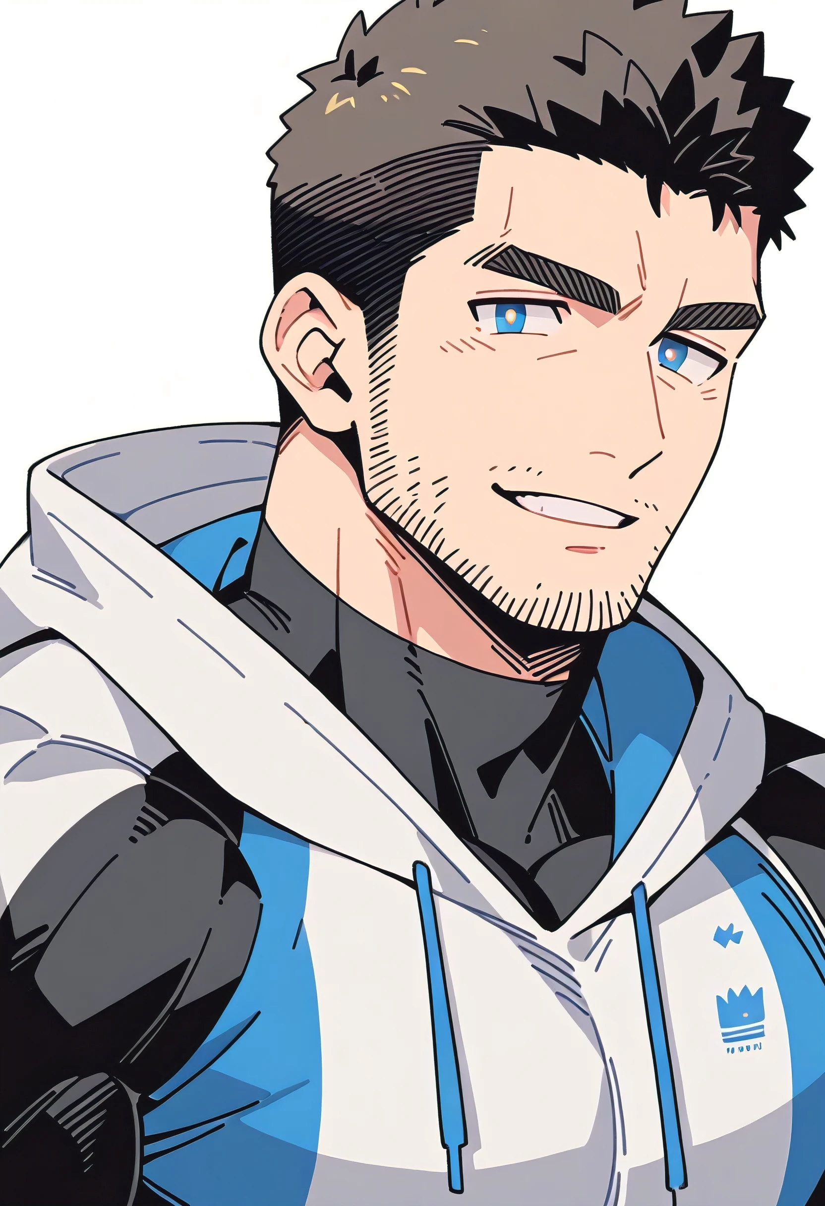 anime characters:Chris Redfield, Muscle Sports Student, Buzz Cut, Manliness, male focus, Sports tight hooded sweatshirt, Wear a black high-necked tights inside, Very tight, Huge chest muscles, muscular male, muscular, only, Upper body, alone, Red short hair, Thick eyebrows, stubble, Brown-red pupils, White background, simple background, amazing quality, best aesthetics, Ridiculous, crew cut, parted lips, smirk, bright pupils, negative space, best quality