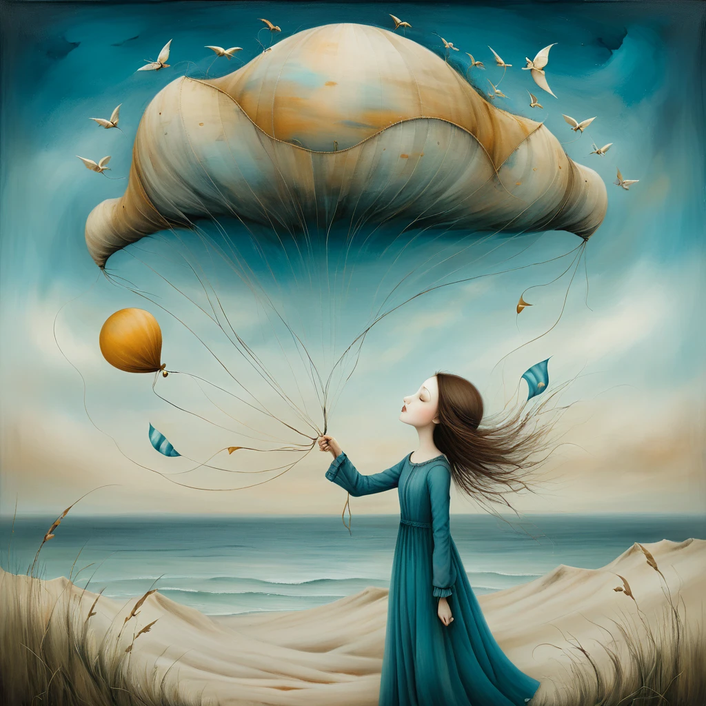 oil and acrylic painting of a coastal scene. In the style of Gabriel Pacheco, nicoletta ceccoli, Tracy Grimwood.. A young woman energetically holds a thread to which are attached several theatrical masks floating in the sky and tries to prevent the wind from ripping the thread from her hands . The background is a dune with grass a from which the sea and high cliffs can be seen, cUse theatrical masks to enrich the meaning of the image, which should convey the woman's effort to prevent the wind from tearing the thread from her hands. dreamlike and surreal atmosphere. Colors ochre, amber, teal, browns, octane blue, skillfully dosed
