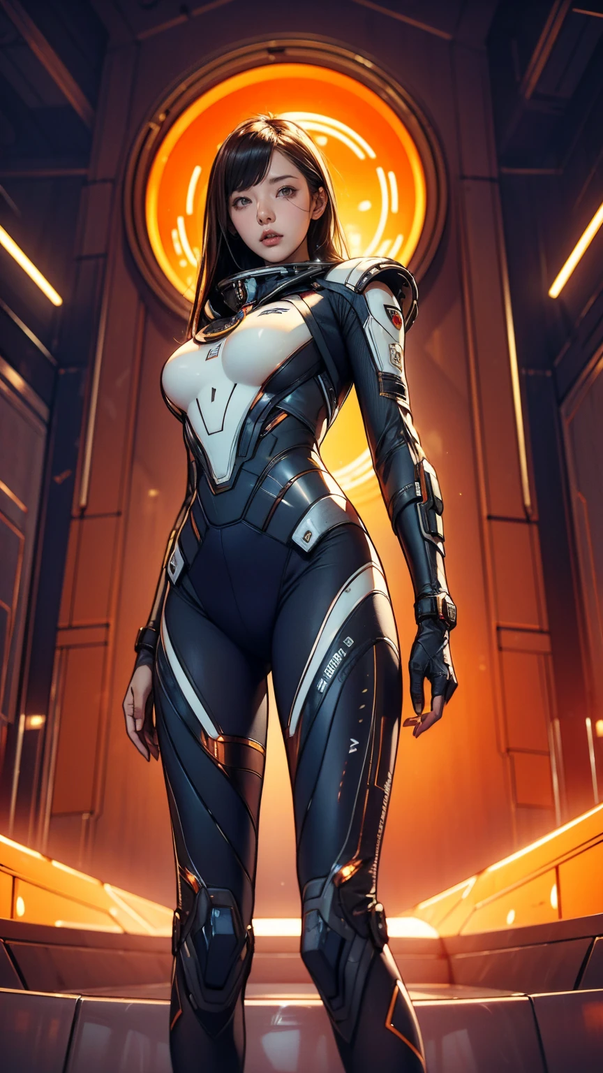 Arabic style image of a woman in a futuristic suit with a spaceship in the background, Cinematic art, In front of an orange background, Inspired by Robert McGinnis, Female protagonist, Megastructure in the background, AIAstronautの肖像, Astronaut, Astronaut, Astronautのスケルターの肖像画, Perfect android girl, frank franzzeta and sakimichan  