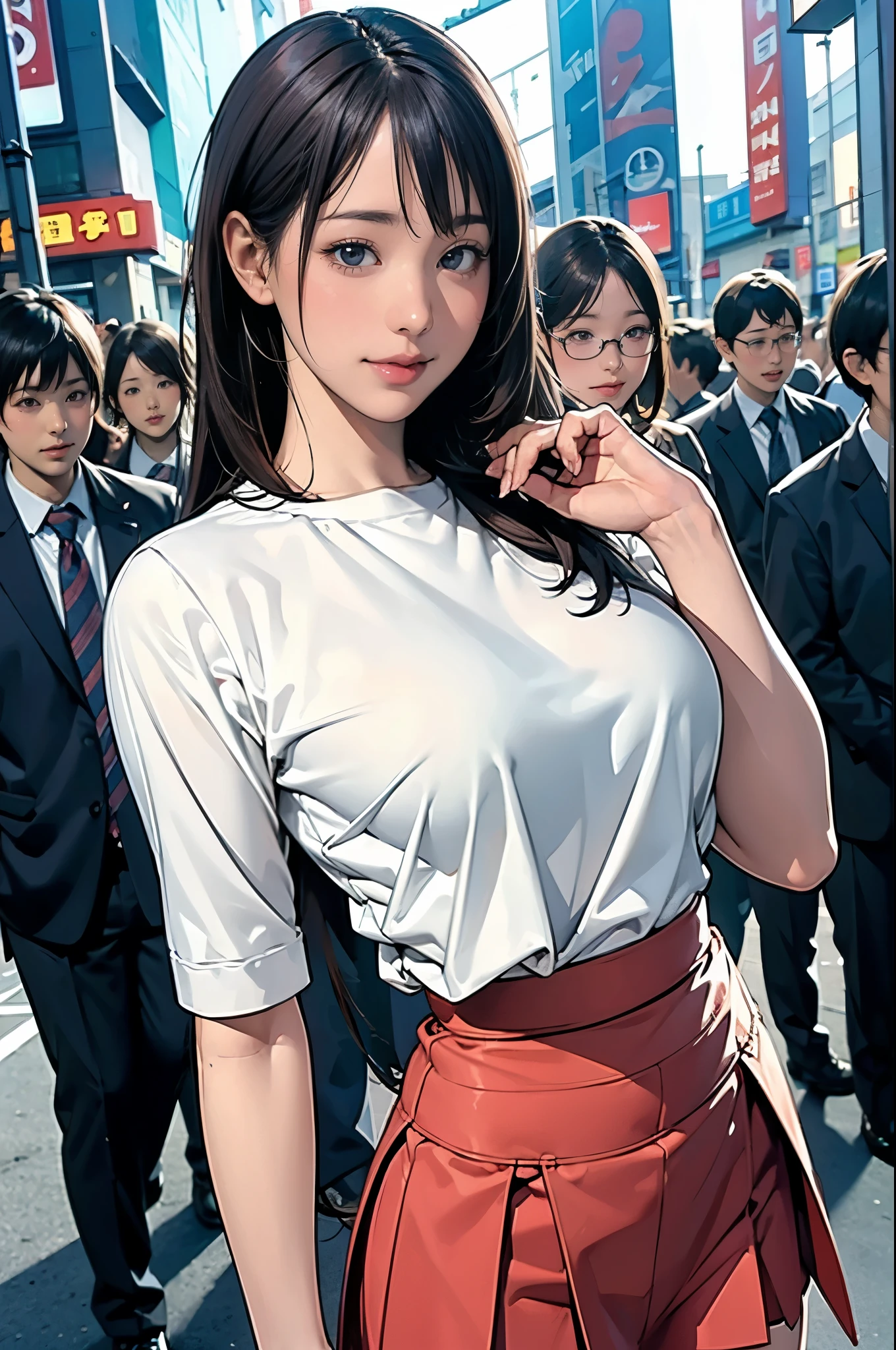 8k wallpaper, Highest quality, Very detailed, masterpiece, Realistic, ((Sharp focus:1.5)), 1 Cute girl in Japan, 20-year-old, ((Face Focus)), Large Breasts, (((Roll up the skirt yourself))), (I lifted it myself), panties, panties focus, blush, Lips parted, View your viewers, Half Body Shot, (crowd), (crowded city), long, straight black hair, A kind smile,