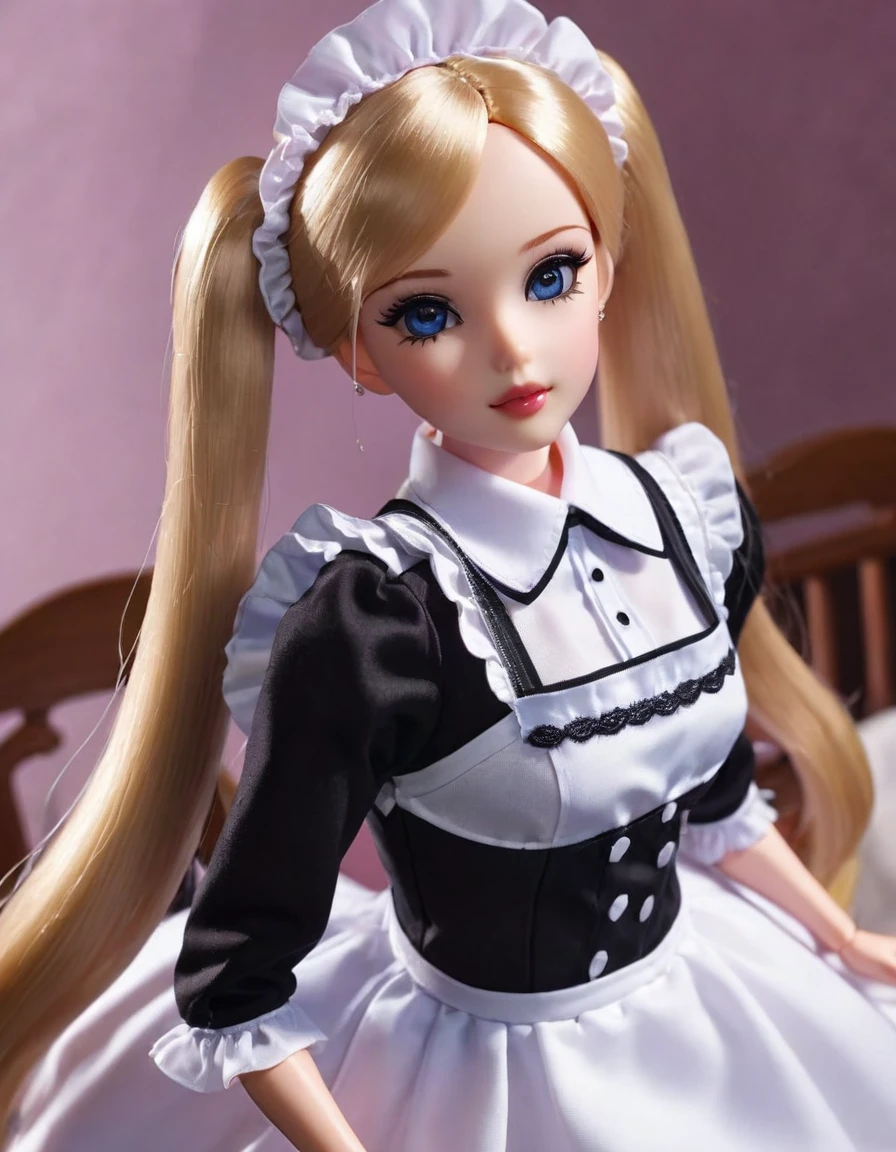 (masterpiece, Best quality: 1.2), 1twintails barbie doll,doll，Colloid， Exquisite eyes, Wide hips, Colloid皮肤，(Wearing Maid dress)，Huge natural breasts，