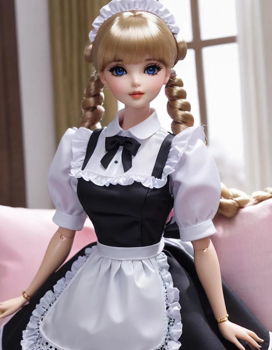 (masterpiece, Best quality: 1.2), 1twintails barbie doll,doll，Colloid， Exquisite eyes, Wide hips, Colloid皮肤，(Wearing Maid dress)，Huge natural breasts，