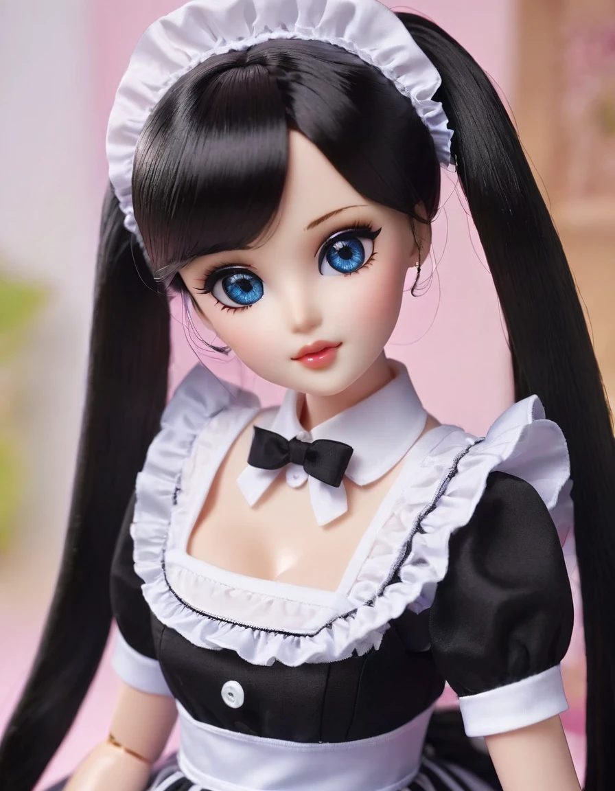 (masterpiece, Best quality: 1.2), 1twintails barbie doll,doll，Colloid， Exquisite eyes, Wide hips, Colloid皮肤，(Wearing Maid dress)，Huge natural breasts，