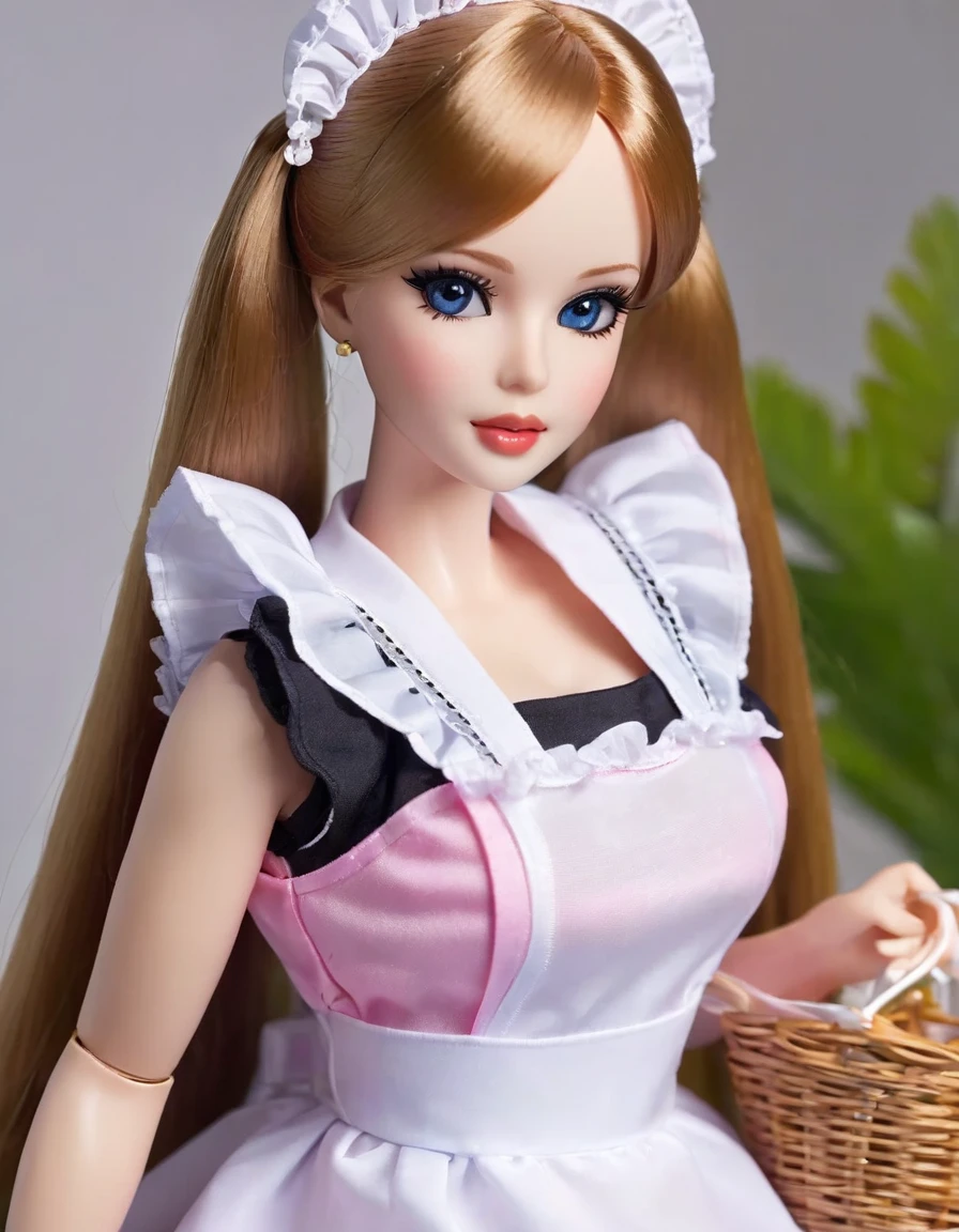 (masterpiece, Best quality: 1.2), 1twintails barbie doll,doll，Colloid， Exquisite eyes, Wide hips, Colloid皮肤，(Wearing Maid dress)，Huge natural breasts，