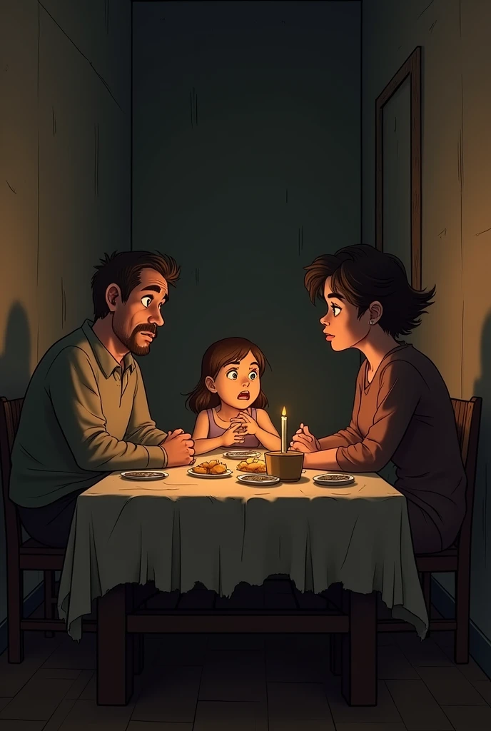 family having dinner, expression of fear