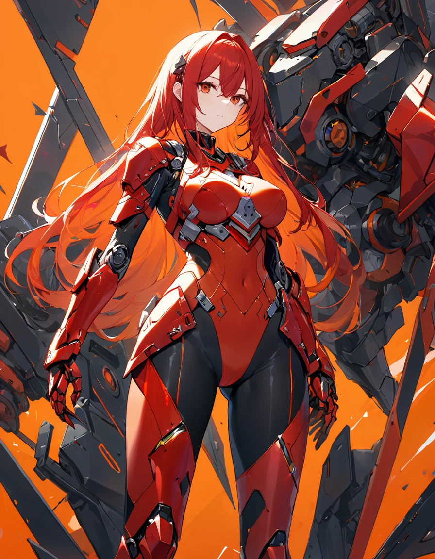 1girl, long sharp red hair with orange inner hair, slim mech body suit, breast plate with angular design, leg armor, heroic distance, abstract mechanical object behind her, (masterpiece)