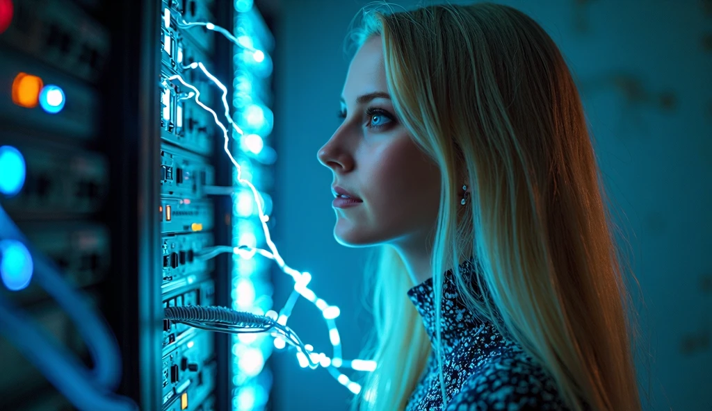 masterpiece, best quality, extremely detailed, hyperrealistic, photorealistic, a beautiful 20s server room, kissing the hand:1.3, navy off-shoulder top:1.2, ultra detailed face, bob cut, blonde hair, pale skin, busty breasts, laughing