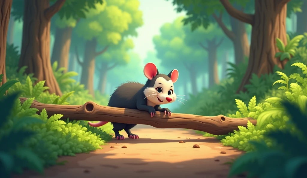An opossum pushing a branch lying on a forest path in an animated version 