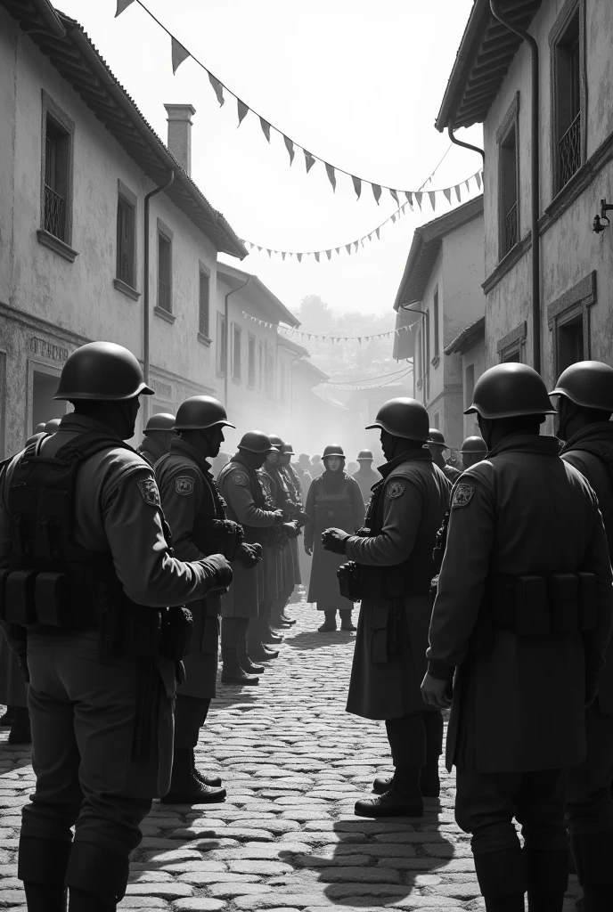 extremely detailed black-and-white photograph from 1946 showing the execution of a mustachioed fascist leader being shot by socialist soldiers for his war crimes on a firing squad.