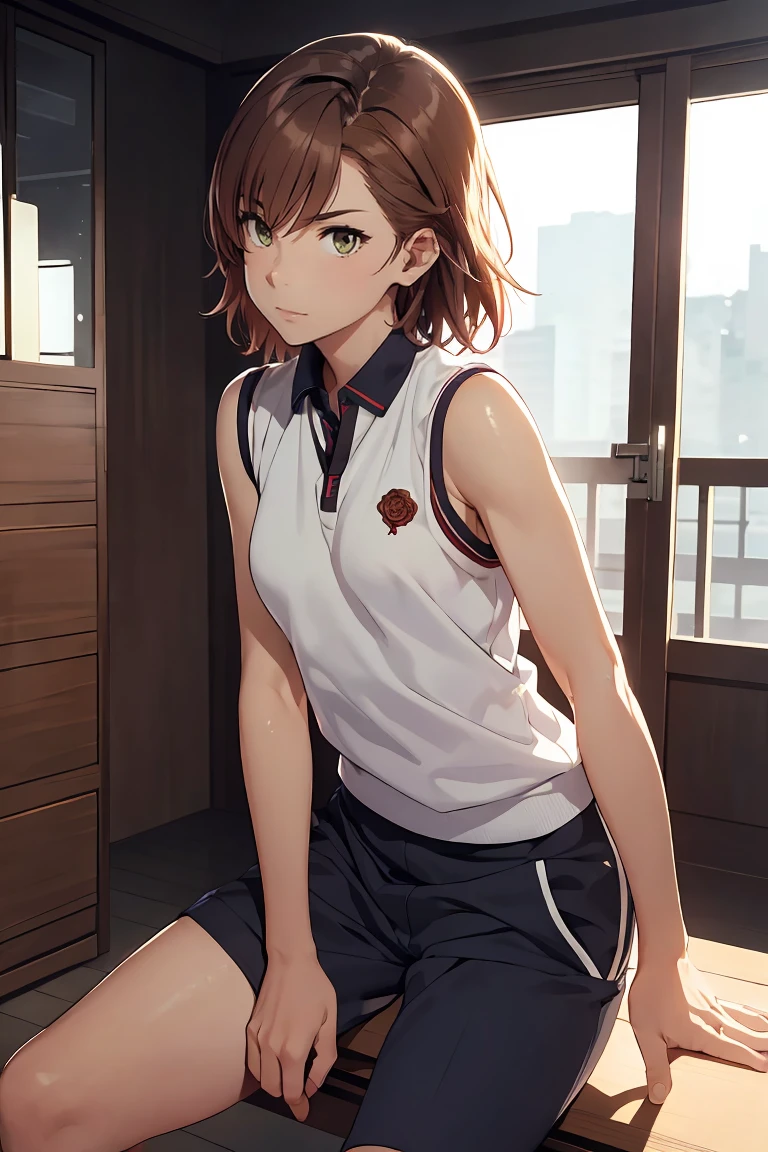 (Best Quality:1.5, High resolution, 超High resolution, 4K, Detailed lighting, Shaders), ((Mikoto rose.)) ,Solo Short Hair　Brown Hair　Brown eyes　Cool face　　((Student Uniform))++　Realistic Gym　 sweat　Super fatty muscle　　Preparation for exercise　No ball　((Sleeveless))　Cowboy Shot、滝のようなsweat、Taking off pants