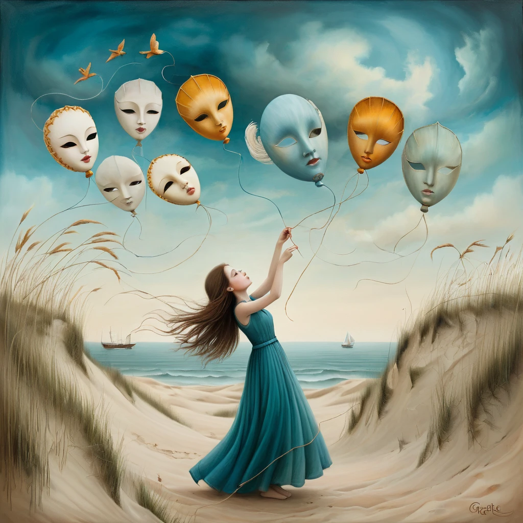 oil and acrylic painting of a coastal scene. In the style of Gabriel Pacheco, nicoletta ceccoli, Tracy Grimwood.. A young woman energetically holds a thread to which are attached several theatrical masks floating in the sky and tries to prevent the wind from ripping the thread from her hands . The background is a dune with grass a from which the sea and high cliffs can be seen, cUse theatrical masks to enrich the meaning of the image, which should convey the woman's effort to prevent the wind from tearing the thread from her hands. dreamlike and surreal atmosphere. Colors ochre, amber, teal, browns, octane blue, skillfully dosed
