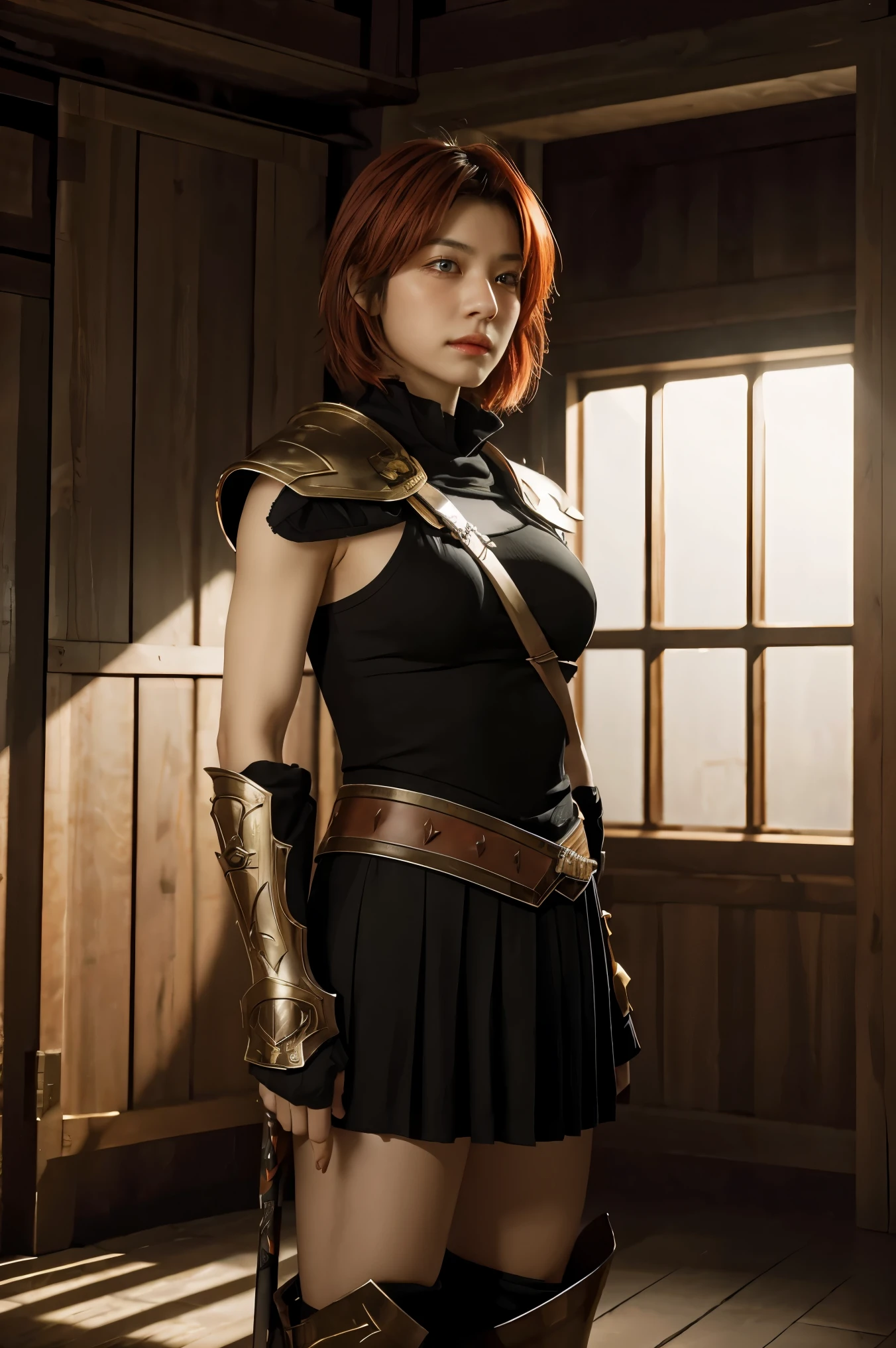 8k, best quality, highres, realistic, real person, A solitary warrior in a suspicious arena setting, without the demon lord. The warrior, lightly armored and with a sly smile, wields a large, ornately decorated axe. They have short red hair. The background is a mysterious and ominous arena, with a sense of danger and suspense. The lighting is dim and dramatic, enhancing the warrior's intense and cunning appearance.