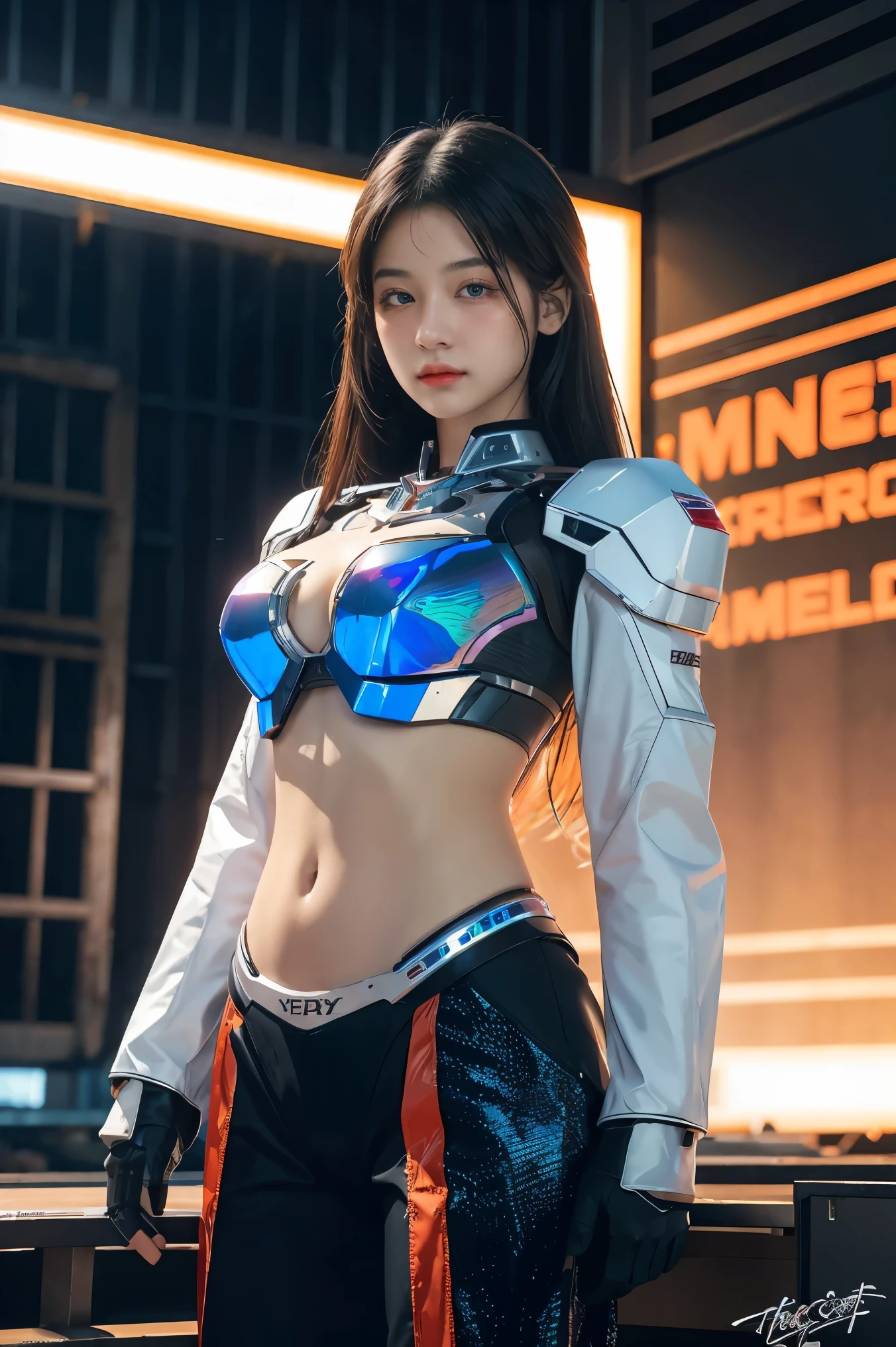((masterpiece, best quality)),illustration,ultra detailed 8k,(detailed face), photorealistic,sharp focus,highly detailed,professional lighting,colorful details,iridescent colors BREAK extreme long shot of a factory,large mechanical robot construction,microchip,computer,glowing,intricate details,shitu-mecha,1girl is standing back turned in front of the audience,Navel