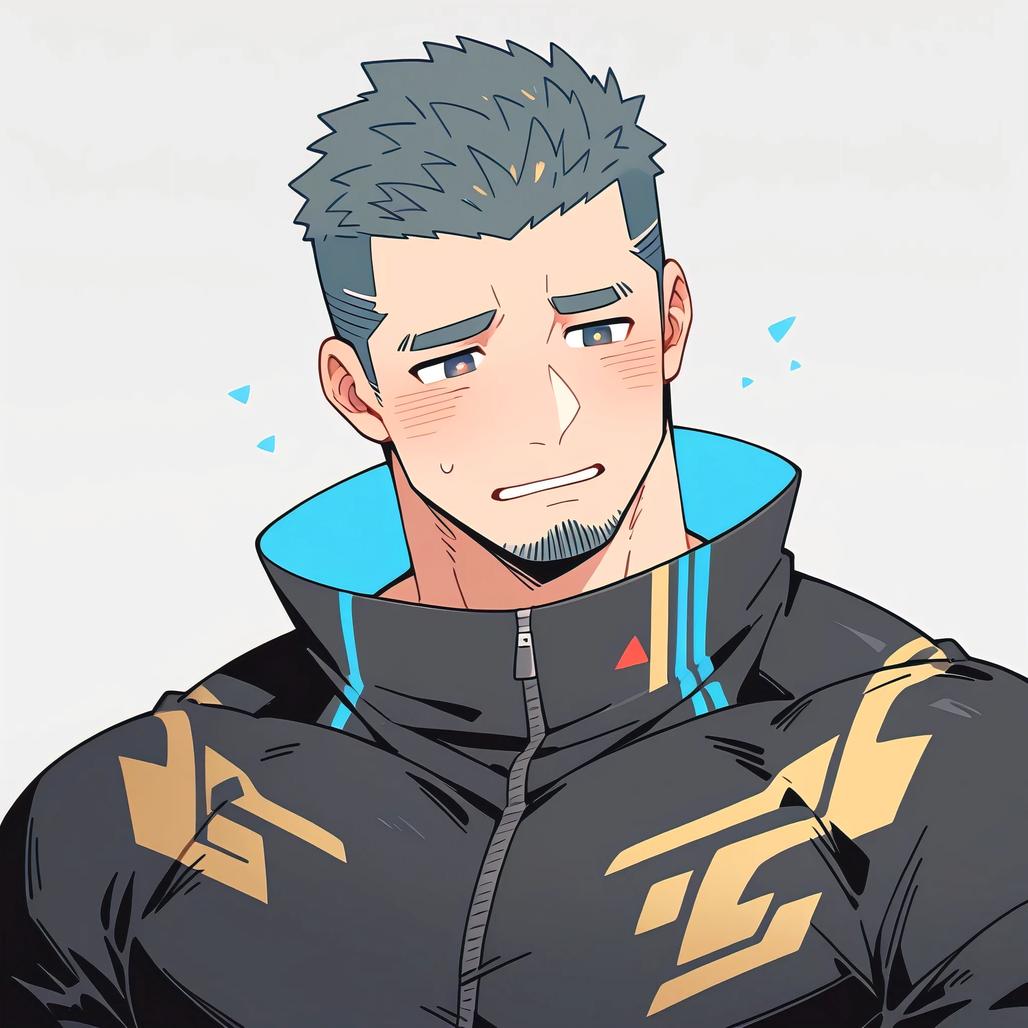 anime characters:Gyee Priapus, one Muscle Sports Student, Buzz Cut, Manliness, male focus, Compression bodysuit, Yellow and black high collar long sleeve tight diving suit, Very tight, Regular symmetrical pattern, full and perky chest muscles, muscular male, muscular, only, Upper body, alone, Red short hair, Thick eyebrows, stubble, Brown-red pupils, White background, simple background, amazing quality, best aesthetics, Ridiculous, crew cut, parted lips, flustered, endured face, shy, blush, negative space, negative space, best quality
