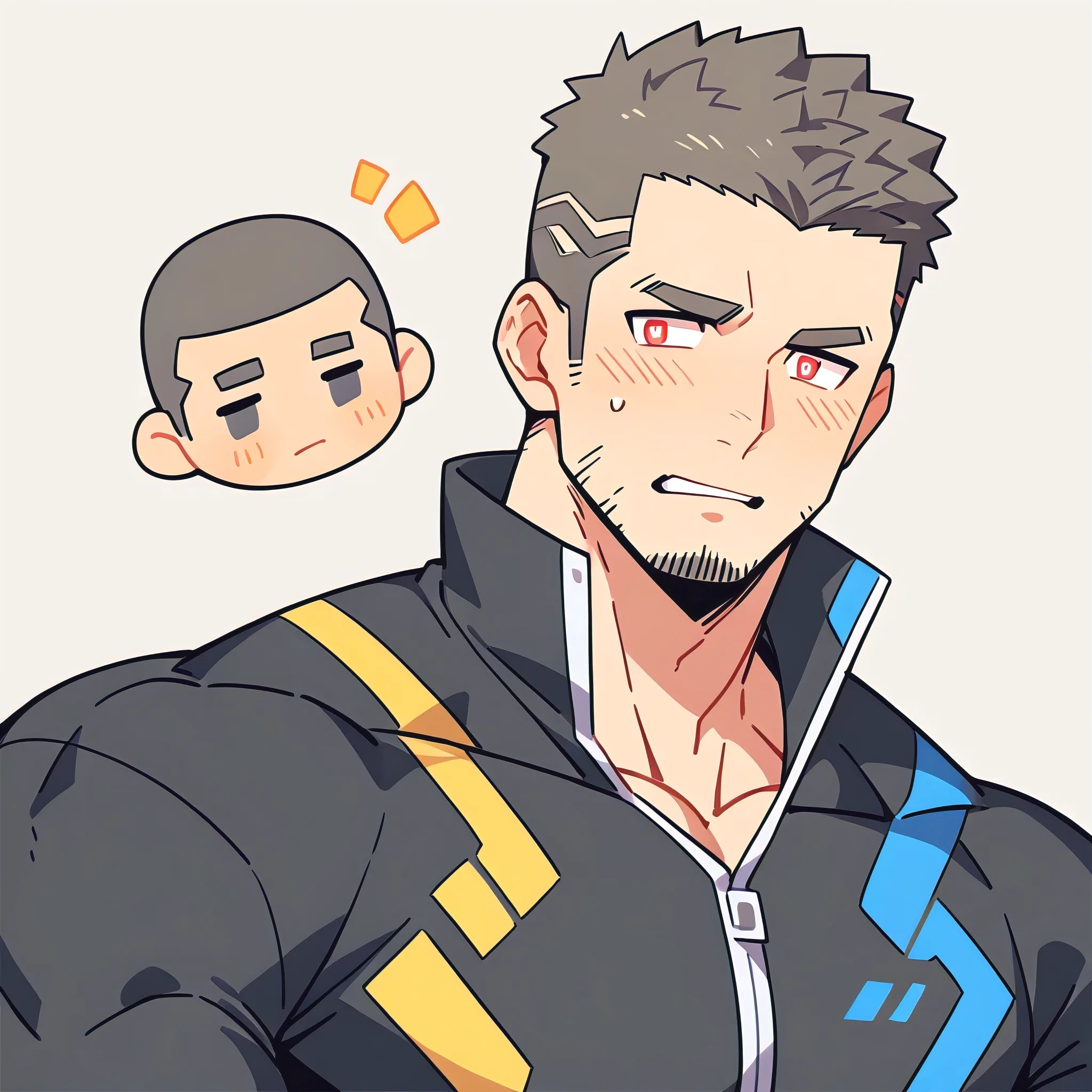 anime characters：Gyee Priapus, Muscle Sports Student, Buzz Cut, Manliness, male focus, Compression bodysuit, Yellow and black high collar long sleeve tight diving suit, Very tight, Regular symmetrical pattern, full and perky chest muscles, muscular male, muscular, only, Upper body, alone, Red short hair, Thick eyebrows, stubble, Brown-red pupils, White background, simple background, amazing quality, best aesthetics, Ridiculous, crew cut, parted lips, flustered, endured face, shy, blush, negative space, negative space, best quality