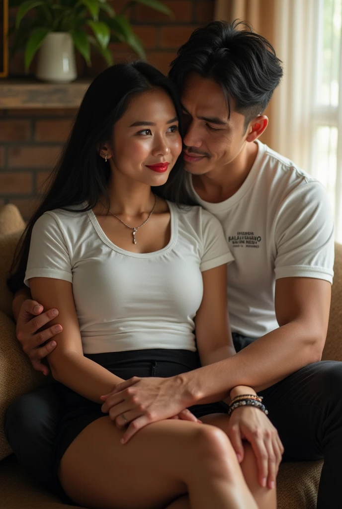 romantic couple, (romantic hug), young Indonesian woman, wearing a dark brown teacher's uniform, mini skirt, slightly fat. (sit on his lap). with a man wearing a red hoodie, denim pants. laughed cheerfully. white modern interior background.