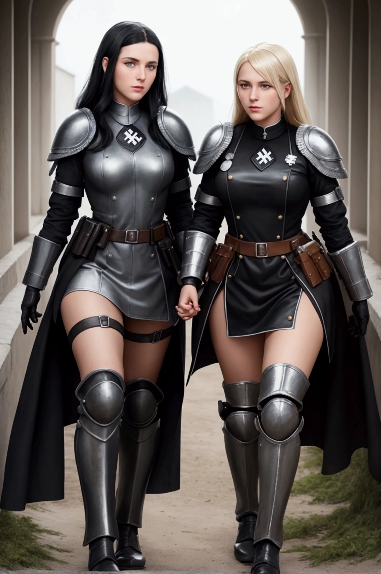 "two stunning female knights with flawless features and slender figures vibrant multicolored hair, standing side by side, wearing sleek leather armor that reveals their toned midriffs, cleavage, and thighs. They stride confidently in high heels and don gloves, wielding a variety of weapons including swords, maces, axes, and shields. The scene exudes a sense of fantasy and takes place in an unpredictable location."