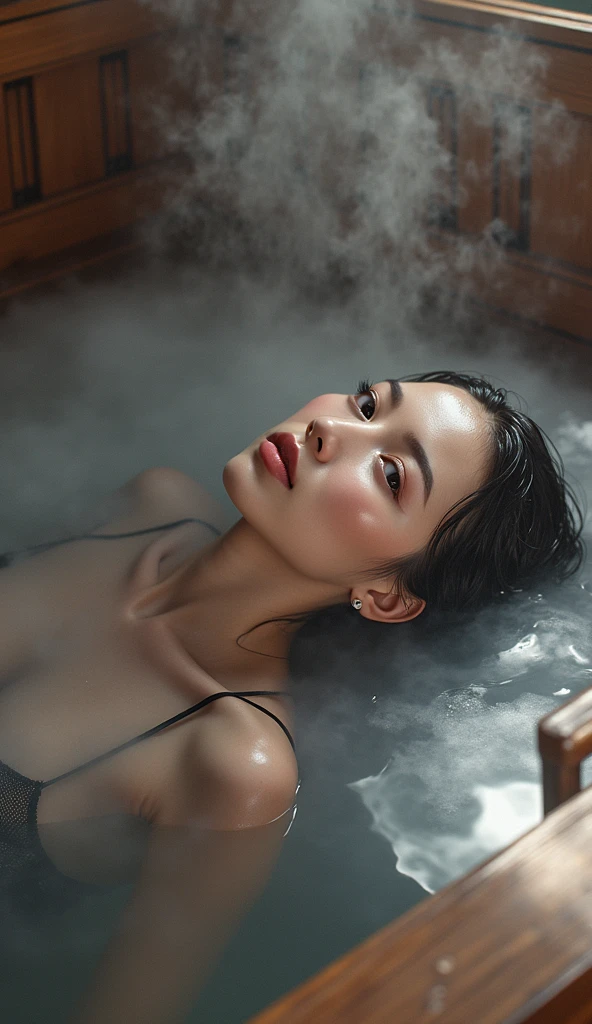 A naked woman, detailed eyes, detailed lips, extremely detailed face, long eyelashes, bathing in a large black elegant mug filled with milk, oil painting, ultra-detailed, high-res, realistic, vivid colors, soft lighting, porcelain skin, delicate details, flowing milky texture