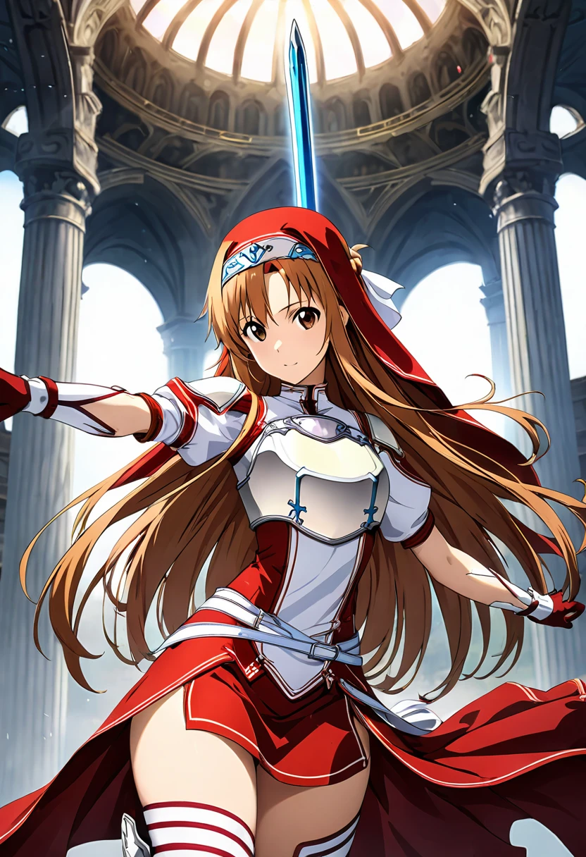 Best Quality、unity 8k wallpaper、32K、masterpiece、Very detailed、Ultra-high resolution、Very detailedな顔, RAW Photos, professional, Ultra-fine painting,　Platinum tiara with red gemstones、(((Red Nun Cape)))、( 20～Female magical warrior,White and gold breastplate, Yuuki Asuna, brown eyes, brown hair, long hair, bangs, braid
Yuuki Asuna, blue eyes, Red and white leotard、(((With side armor and long slits、Tight skirt decorated with red and white gold)))、Short puff sleeves with shoulder pads、A large white ribbon with a large sapphire on the chest、White and red long gloves、White and red thigh-high stiletto boots、whole body、He has a spear with a glowing blue blade