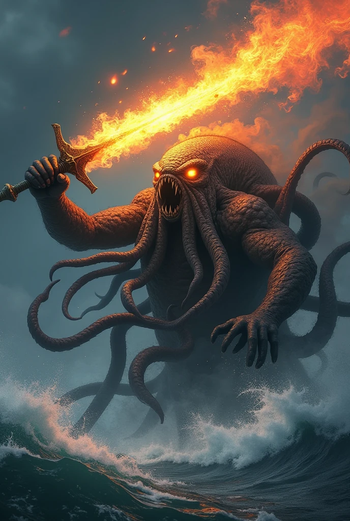 The Fisherman and the Kraken in a Sea of Fire": A fisherman in his small boat faces a giant kraken in an ocean of incandescent water, where the waves shine with red and orange hues. The contrast between the fire and the ocean creates a powerful and surreal image, with a touch of danger and adventure.