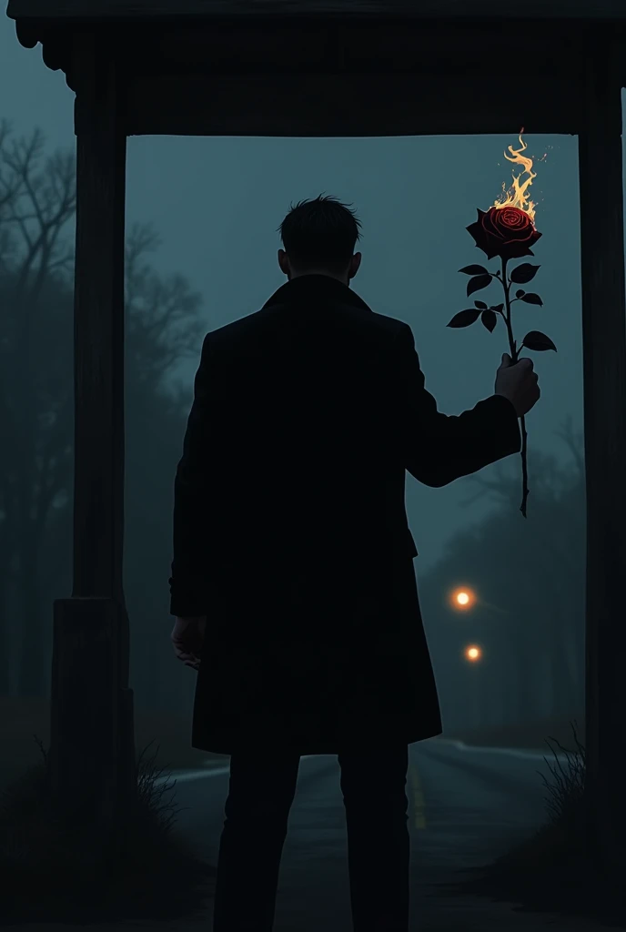 Alone men  holding rose with bleeding hand in black night 