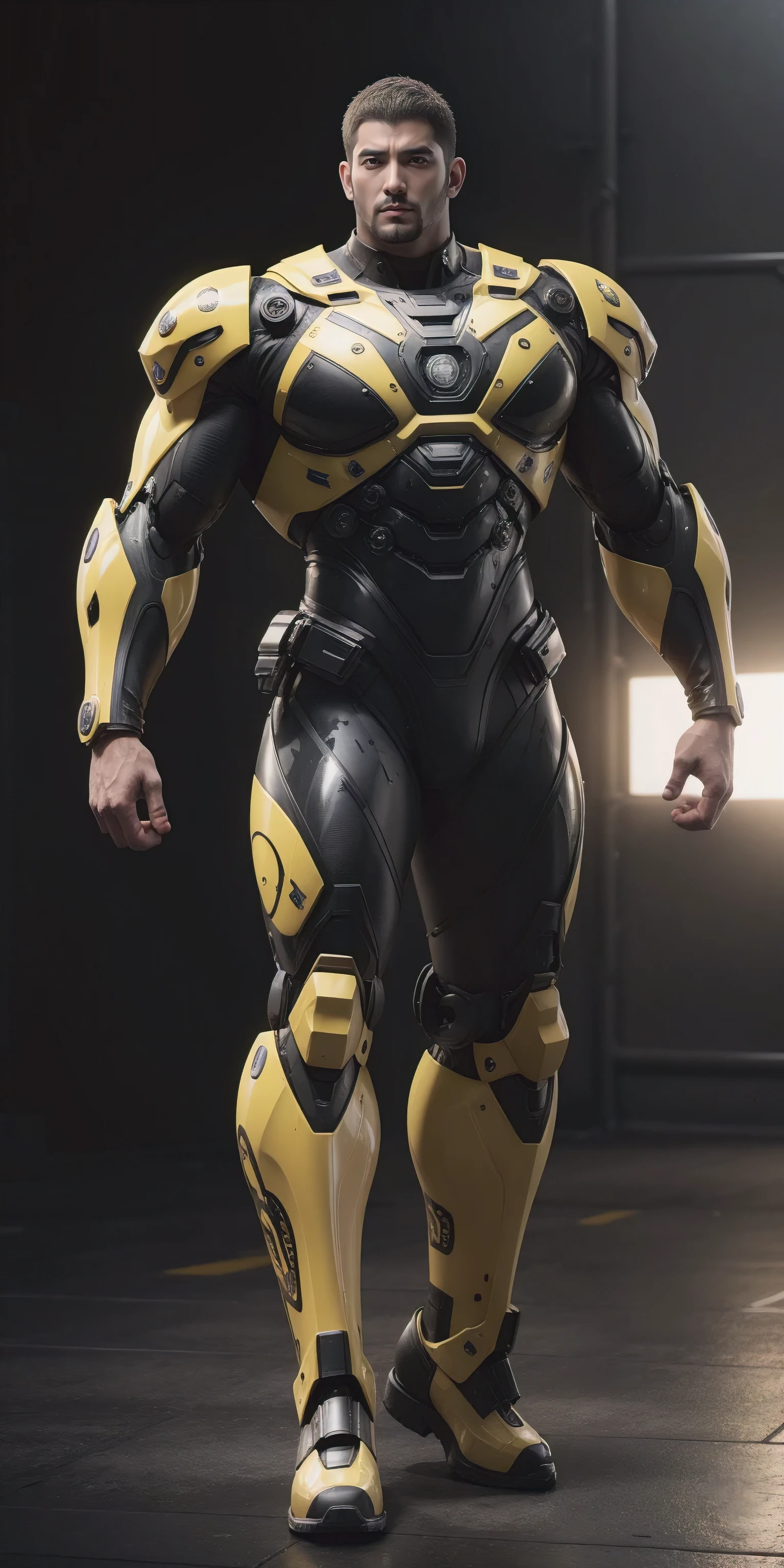 Tall giant muscular police officer,Buzz Cut,Very long legs,Yellow and black camouflage patterned nano mecha,Honeycomb pattern,Lightweight texture,Character Concept(Resident Evil - Chris Redfield,Chris Redfield)senior police officer,Small grid texture,Regular symmetrical texture pattern,Sad expression,Deep and charming eyes,Standing in a bright mechanical laboratory,Emerald Eyes Hero,Heroic male pose,Tall burly,muscular!Attractive leg muscles,High target, Burly, Heqiang, Super Buff and Coolness, High Resolution Committee, Bigfoot yellow-gray ultra-thin nano-mechanical boots,Charismatic strongman,The bright sunshine shines on you,Matte particles,Shiny texture