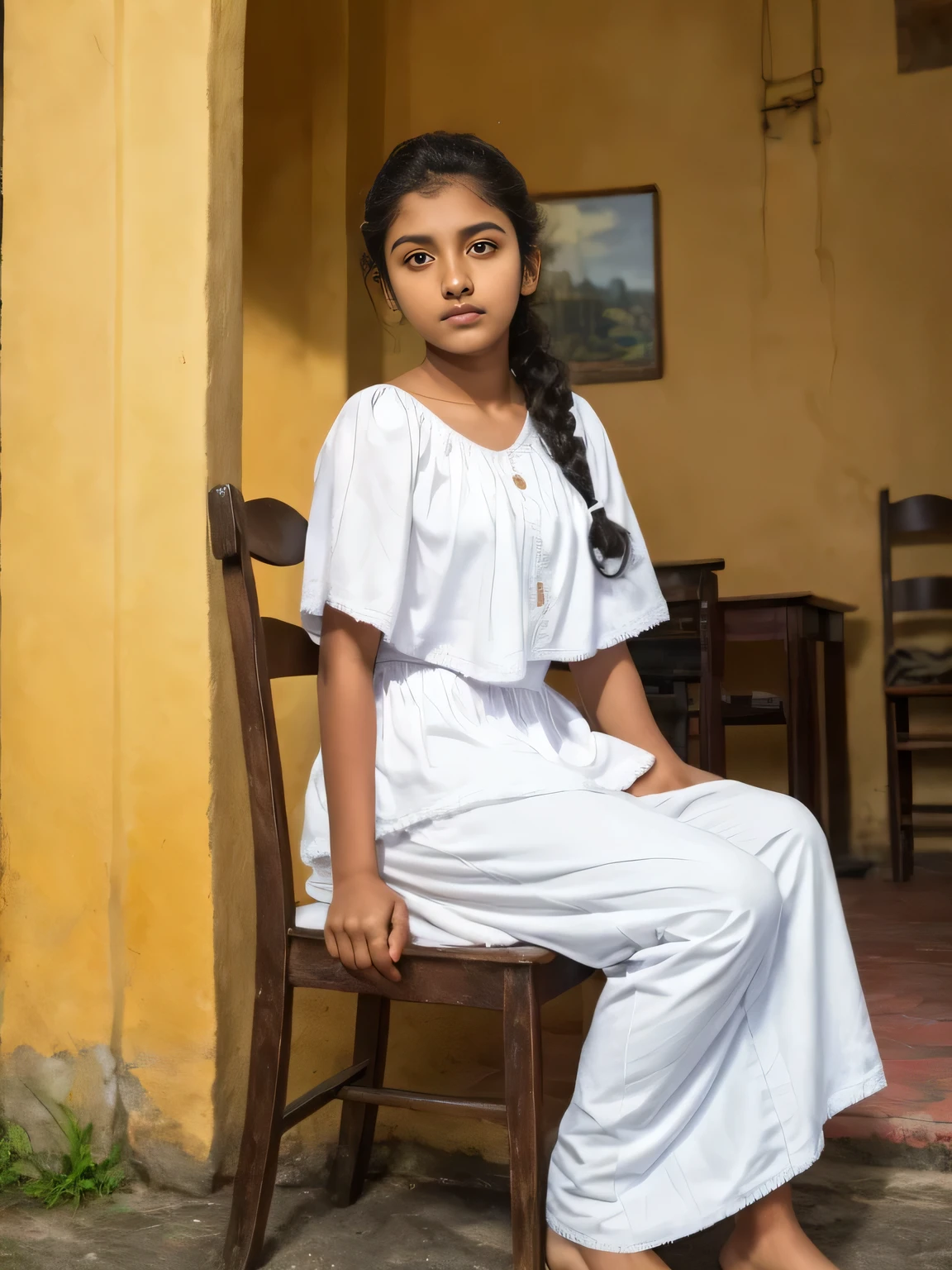 Raw photo , 20 yo old 1 girl  ,Wearing white  traditional clothes ,sri lanka cute teen 20 years old girl ,  with plait ,sitting on the chair, professional photographer, (hdr:1.4), masterpiece, ultra-realistic 8k, perfect artwork, intrincate details, cute face, award winning photograph, (Best quality, 8k, 32k, Masterpiece, UHD:1.3) ,