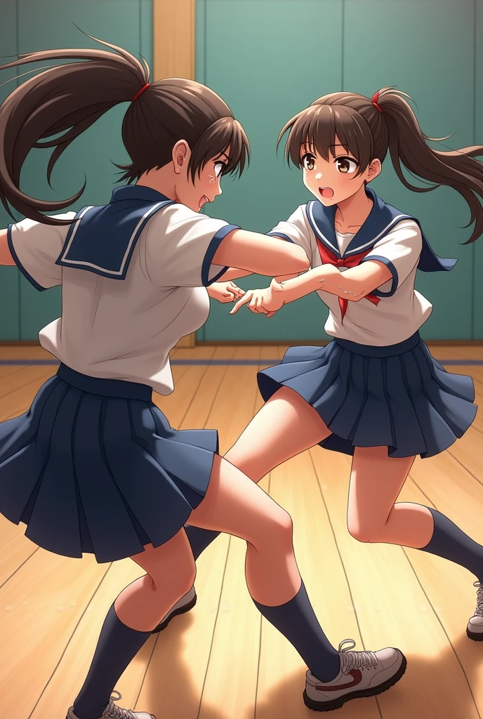 (masterpiece, best quality), (superflat, flat shading, flat colors), (clasroom), 2girls, ite, youhool uniform, upskirt, (print panties), (fighting), kick, punch, angry, dynamic pose, classroom, wide angle, bright sunlight, best shadows, vibrant colors, watercolor