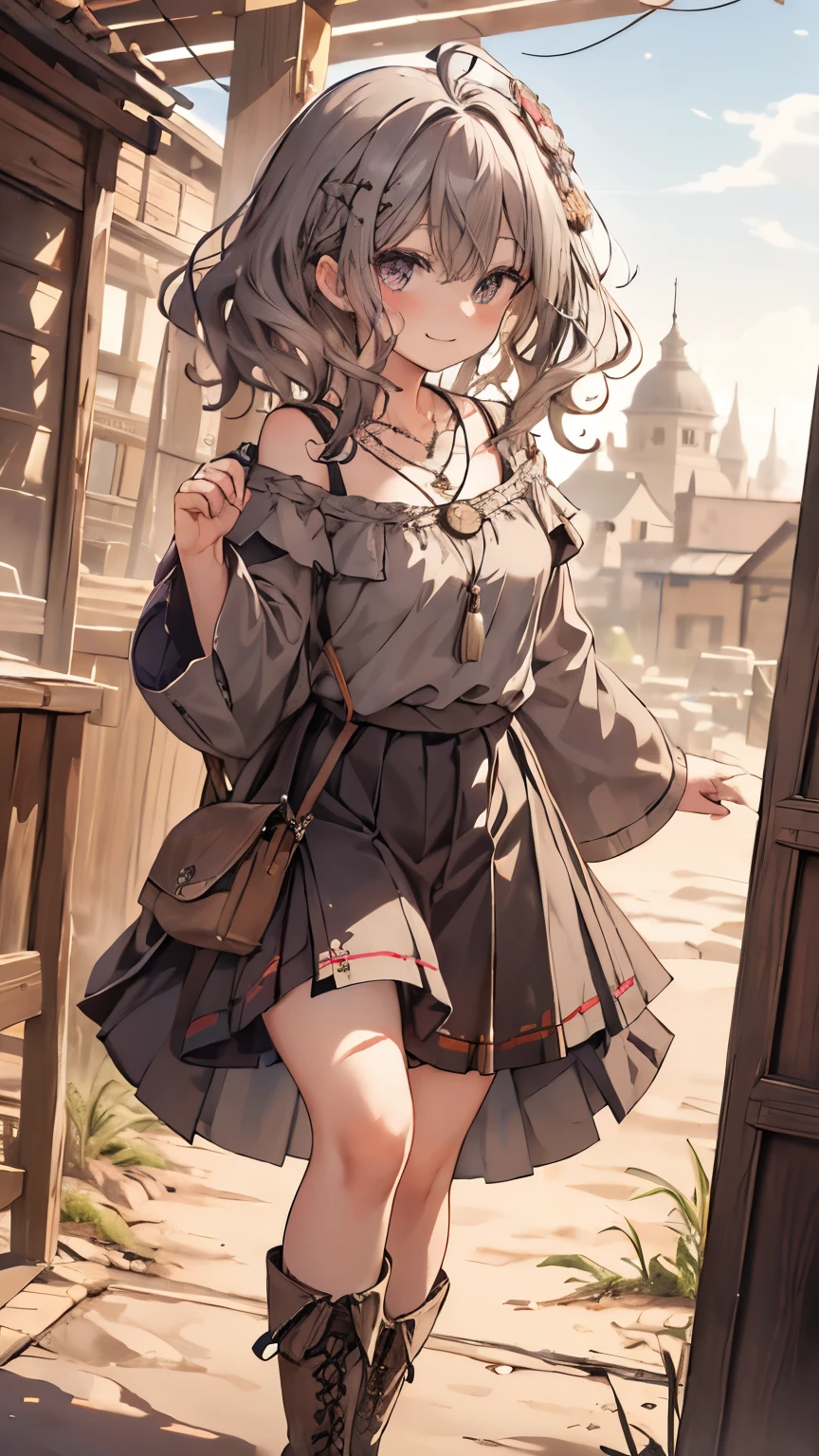 masterpiece, 1 girl, sparrow, a grey haired girl, wearing a medieval villager clothes, curly medium hair, messy hair, slim body, he close her left eye, shirt ornament, ruby eyes, ahoge, baby face, beautiful eyes, droopy eyes, her age is 19, nagisa_bluearchive, seductive face, medium hair, seductive smile, curly hair, MongolPunkAI, medium breasts, view from back, she tease you, lend a hand to you, she very close to you, smug smile, rainbow_one, shirt, mini skirt, crocth tattoo, necklace, erotic smile, barn, long sleeves, boots, pleated skirt